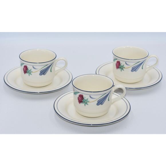 Y2K Coffee or Tea Flat Cup & Saucer 6pc Set Poppies On Blue by LENOX - Picture 1 of 6